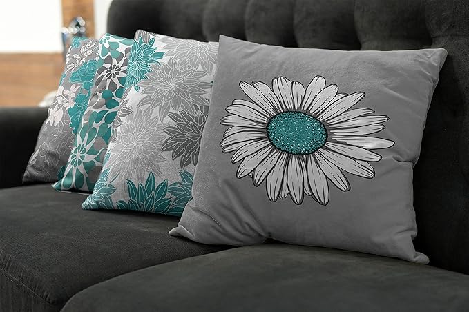 Ambesonne Floral Throw Pillow Cushion Case Pack of 4, Flower Petals Modern Color Palette Chamomile Peony Dahlia and Sunflower Print, Modern Accent Double-Sided Digital Printing, 18", Grey Dark Seafoam