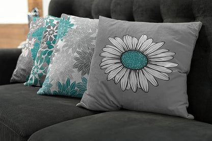 Ambesonne Floral Throw Pillow Cushion Case Pack of 4, Flower Petals Modern Color Palette Chamomile Peony Dahlia and Sunflower Print, Modern Accent Double-Sided Digital Printing, 18", Grey Dark Seafoam