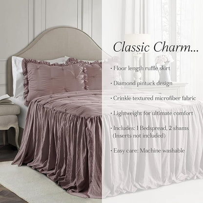Lush Decor Ravello Pintuck Ruffle Skirt Bedspread Set - Luxe 3 Piece Ruffled Bedding Set - Traditional Glam & Farmhouse Inspired Bedroom Decor - Queen, Woodrose