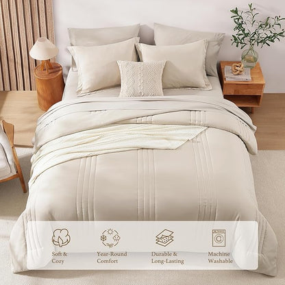 Monbix California King Size Comforter Set - 7 Pieces Bed in a Bag California King, Beige Bedding Sets with Comforter, All Seasons Down Alternative Comforter Bed Set with Sheets, Pillowcases & Shams