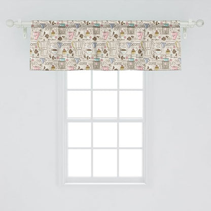 Ambesonne Modern Window Valance Pack of 2, Coffee Time Vintage Espresso Machine Cupcakes Beans Design, Rod Pocket Curtain Valances for Kitchen Bedroom, 42" X 18", Pale Pink Beige