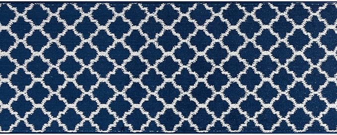 Custom Size Cut to Length Moroccan Trellis Design Runner Rug Mat For Wide Long Hallways with Non-Slip Rubber Backing, Better Traction for Pets, Prevent Slippage, Trellis Navy Blue, 31 inch X 19 feet