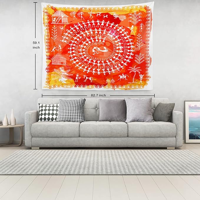 Batmerry Tribal Art Abstract Tapestry, Traditional Ancient Tribal Indian Rural Wall Art Hanging Decoration Polyester Fiber White Ruffled Around for Dorm Room Bedroom Living Room, 59.1x82.7 inches