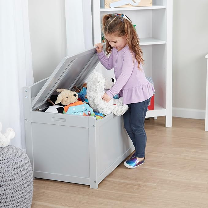Melissa & Doug Toy Chest, Wooden Toy Storage Box with Safety-Hinged Lid, Kids Toys Storage Organizer for Playroom, Bedroom, & Montessori Classroom Furniture for Boys & Girls Ages 3+, Gray