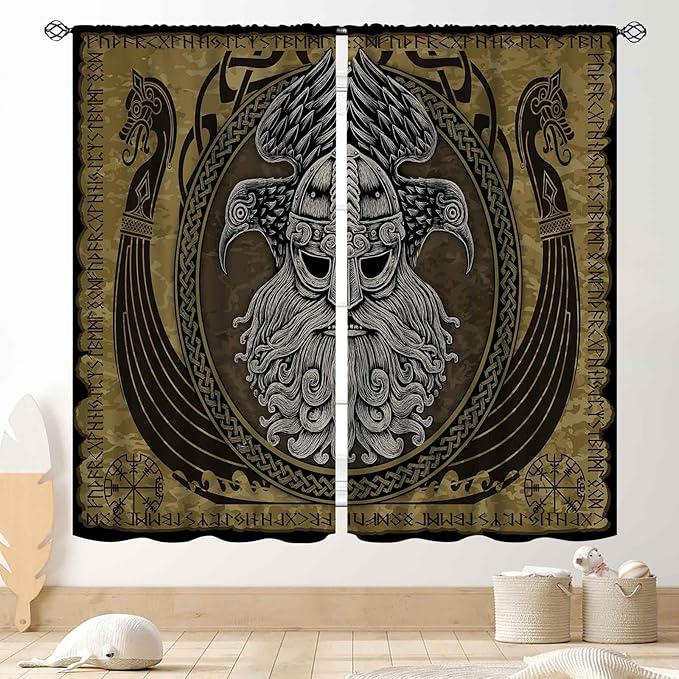 Norse Viking Curtains, Nordic Warriors Sword Celtic Rune Scandinavian Aesthetic Nation Valknut Mythology Window Drapery for Bedroom Living Room Bathroom 2 Panels, 63"x63" Inch