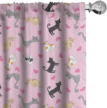 Ambesonne Kitty Curtains, Cats in Colorful Design and Patterns Among Pink Hearts Resting Happy Stretching, Window Treatments 2 Panel Set for Living Room Bedroom, Pair of - 28" x 84", Soft Pink