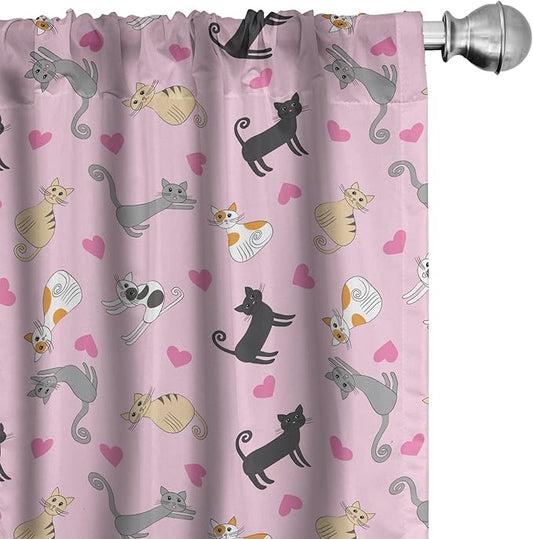 Ambesonne Kitty Curtains, Cats in Colorful Design and Patterns Among Pink Hearts Resting Happy Stretching, Window Treatments 2 Panel Set for Living Room Bedroom, Pair of - 28" x 63", Soft Pink