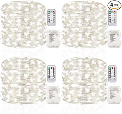 GDEALER 4 Pack Fairy Lights Christmas Decor 16.4 Ft 50 Led Battery Operated with Remote Waterproof 8 Modes Twinkle Firefly String Lights for Party Bedroom Wedding Decorations - White