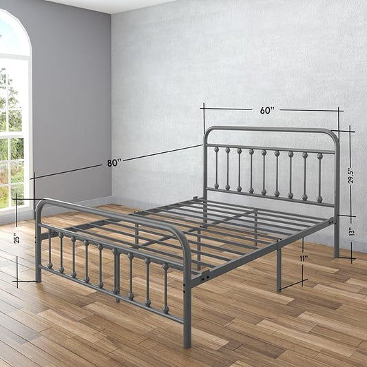 Golden Gate Beds Victorian Vintage Style Metal Bed Frame with Wrought Iron Headboard and Footboard, Classic Platform Bedframe Storage, No Box Spring Needed, Mattress Foundation, Silver, Queen Size