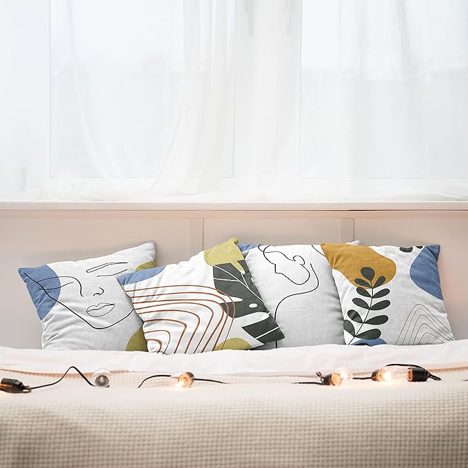 Ambesonne Minimal Throw Pillow Cushion Case Pack of 4, Modern Line Art Woman Portrait with Contemporary Leafy Geometric Details, Modern Accent Double-Sided Digital Printing, 18", Mustard and Blue Grey