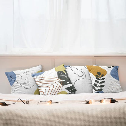 Ambesonne Minimal Throw Pillow Cushion Case Pack of 4, Modern Line Art Woman Portrait with Contemporary Leafy Geometric Details, Modern Accent Double-Sided Digital Printing, 18", Mustard and Blue Grey