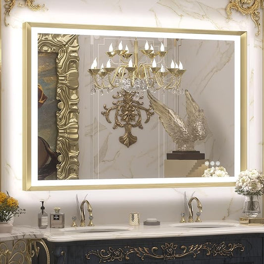 TETOTE Gold LED Bathroom Mirror with Lights 40x32 Front & Back Light Vanity Framed Mirror Baroque Anti Fog Dimmable White/Warm/Natural,CRI90+,Waterproof,Wall Mounted(Horizontal/Vertical)