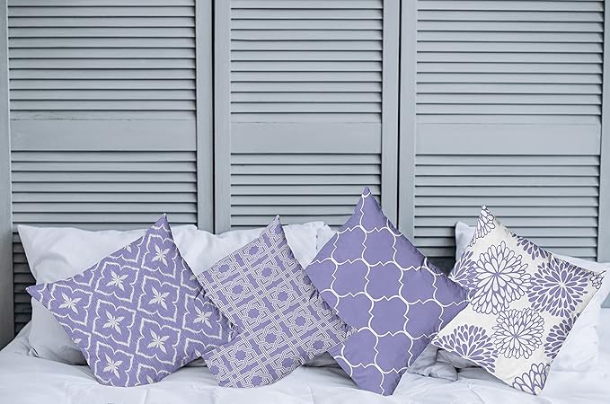 Ambesonne Vintage Throw Pillow Cushion Case Pack of 4, Monochrome Design Grid Trellis Quatrefoil Mesh and Dahlia Flowers Modern Print, Modern Accent Double-Sided Digital Printing, 24", Lavender White