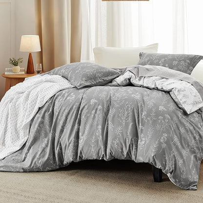 Bedsure Full Comforter Set - Grey Bed Set, 3 Pieces Cute Floral Bedding, 1 Soft Reversible Botanical Flowers Comforter and 2 Pillow Shams