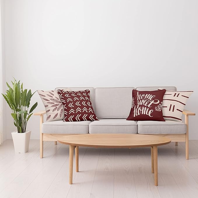 Ambesonne Modern Throw Pillow Cushion Case Pack of 4, Scandinavian Minimal Ornaments Boho Feather Leaves and Home Phrase Print, Modern Accent Double-Sided Digital Printing, 18", Pale Tan and Burgundy