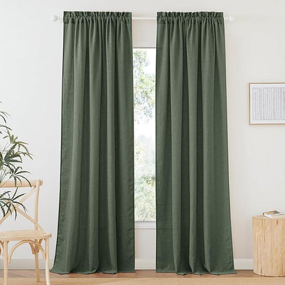 RYB HOME Green Linen Curtains 84 inches Long for Living Room Kids Room, Light Filtering Privacy Protection Home Decor 2 Panels Set for Sliding Glass Door, W 52 x L 84 inches, Hunter Green