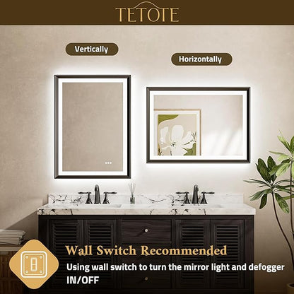 TETOTE 28x36 LED Mirror for Bathroom Black Metal Frame Frontlit & Backlit Lighted Vanity Mirror Baroque Gothic Anti Fog Stepless Dimmable White/Warm/Natural,CRI90+,Waterproof(Horizontal/Vertical)