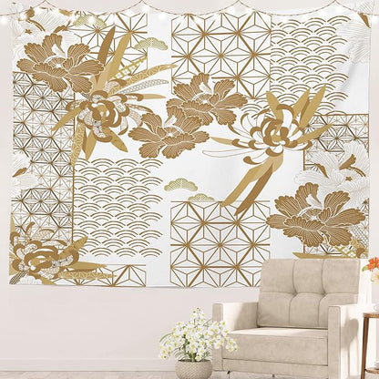 Batmerry Gold Japanese Floral Tapestry,Spring Wall Art Hanging Decoration Polyester Fiber White Ruffled Around for Dorm Room Bedroom Living Room, 51.2x59.1 inches