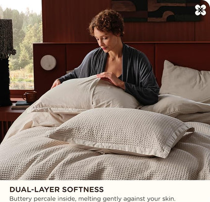 Bedsure Cotton Duvet Cover Set - 100% Cotton Waffle Weave Linen Duvet Cover Oversized Queen Size, GentleSoft™ and Breathable Bedding Set for All Season, 3 Pieces, 98"x98"