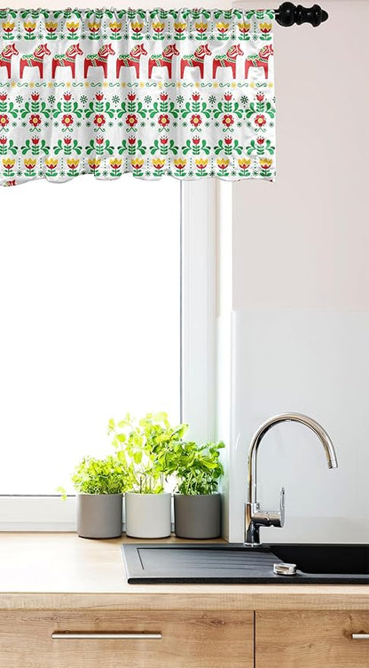 Ambesonne Folk Art Window Valance Pack of 2, Scandinavian Themed Pattern of Swedish Dala Horse and Flowers, Rod Pocket Curtain Valances for Kitchen Bedroom, 54" X 12", Green Vermilion