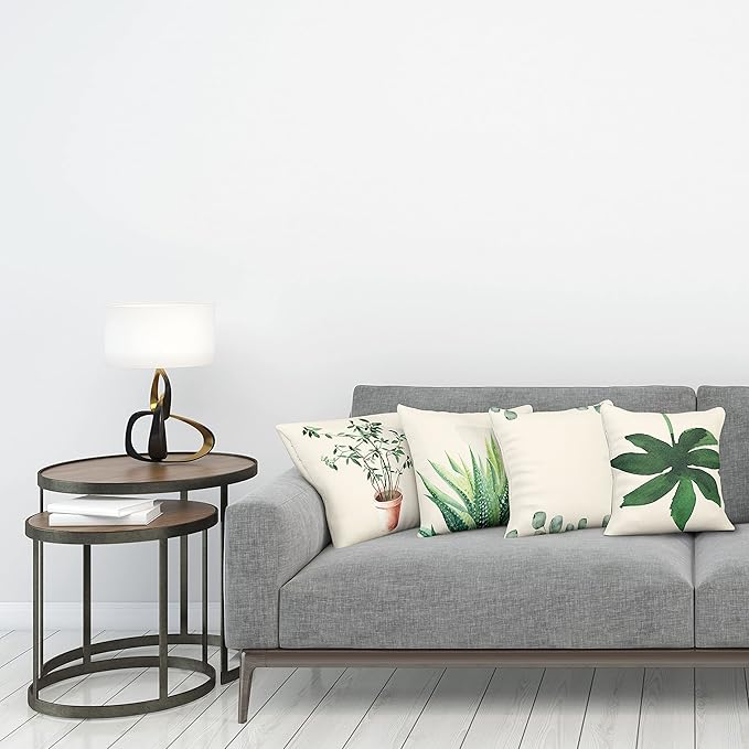 Ambesonne Botanical Throw Pillow Cushion Case Pack of 4, Minimalist Watercolor Painting Leaves Agave Branches Plant in a Pot, Modern Accent Double-Sided Digital Printing, 24", Green White Pale Rust