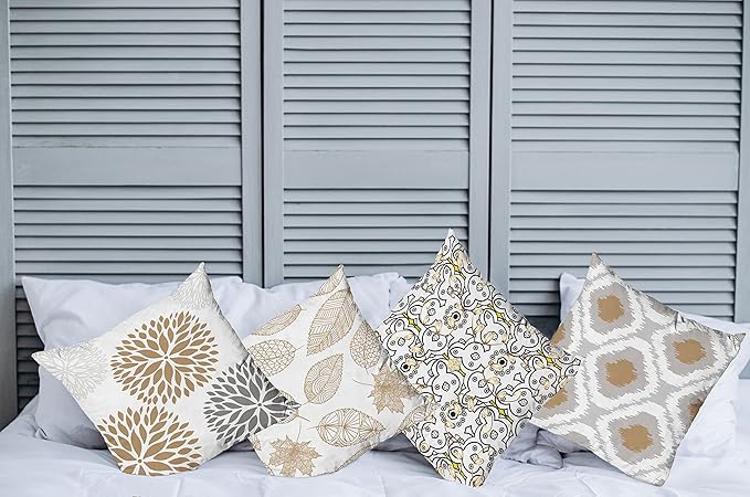 Ambesonne Vintage Throw Pillow Cushion Case Pack of 4, Bohemian Ornamental Leaves Dahlia Pattern Geometric Art Curlicue, Modern Accent Double-Sided Digital Printing, 24", Pale Brown Grey White