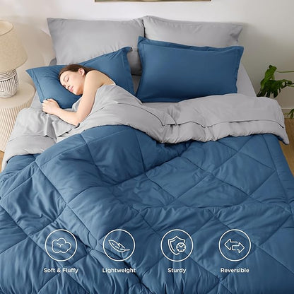 Bedsure Twin Comforter Set - 5 Pieces Reversible Slate Blue Bedding, Twin Size Bed Set for All Seasons, Bed in a Bag with Down Alternative Comforter, Sheets, Pillowcase & Sham
