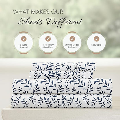 Linen Market Double-Brushed Patterned Microfiber California King Sheet Set 4 Piece – OEKO-TEX Certified Ultra Soft & Wrinkle-Free - 16" Deep Pocket Sheets Easy Care Cal-King Size - Burst of Vines Navy