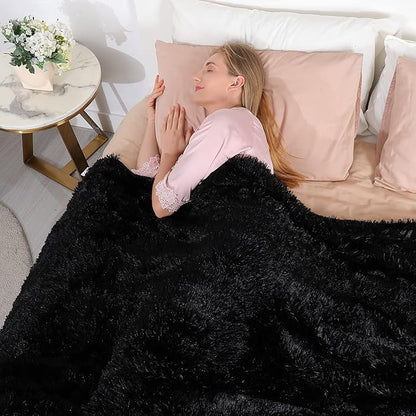 Tuddrom Decorative Extra Soft Faux Fur Blanket Twin Size 70" x78",Reversible Fuzzy Lightweight Long Hair Shaggy Fleece Blanket,Fluffy Cozy Plush Comfy Microfiber Throw Blanket for Couch Sofa Bed,Black