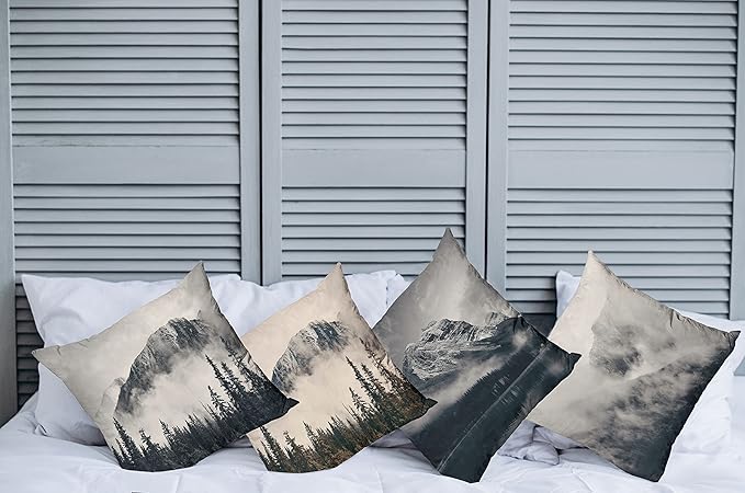 Ambesonne Mountain Throw Pillow Cushion Case Pack of 4, Misty Peaks and Hills Wild Nature Adventure Pine Forest Landscape, Modern Accent Double-Sided Digital Printing, 24", Eggshell Night