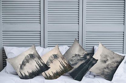 Ambesonne Mountain Throw Pillow Cushion Case Pack of 4, Misty Peaks and Hills Wild Nature Adventure Pine Forest Landscape, Modern Accent Double-Sided Digital Printing, 20", Eggshell Night