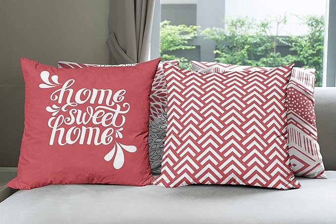 Ambesonne Geometric Throw Pillow Cushion Case Pack of 4, Home Phrase Minimal Zigzag Squama Dahlia Flower Petals Chevron Tribal, Modern Accent Double-Sided Digital Printing, 24", Dark Coral and White