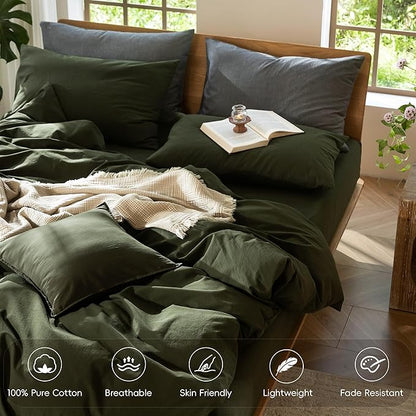 MooMee Bedding Duvet Cover Set 100% Washed Cotton Linen Like Textured Breathable Durable Soft Comfy (Solid Olive Green, Super Queen 90"x98")