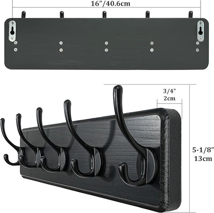 WEBI Coat Rack Wall Mount,Coat Hanger Wall,16" Hole to Hole,Coat Hooks Wall Mounted,Hook Rack,5 Hooks for Hanging Coats,Hats,Jacket,Clothes,Entryway,Black