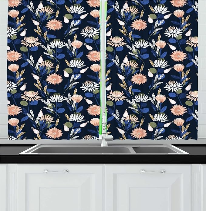 Lunarable Floral Long Kitchen Curtains, Blossoming Protea Flowers Botanical Garden, 2 Panel Set Drapes with Rod Pocket Room Decor, 55" x 45", Dark Petrol Blue Pale Peach Violet Blue and White