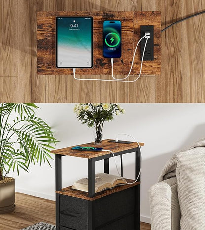Narrow Side Table for Small Spaces, Skinny End Table with Charging Station, Sofa Beside Table with 2 Drawers 1 Open Compartment, Slim Nightstand with USB Ports Outlet, Rustic and Brown UTBT004F