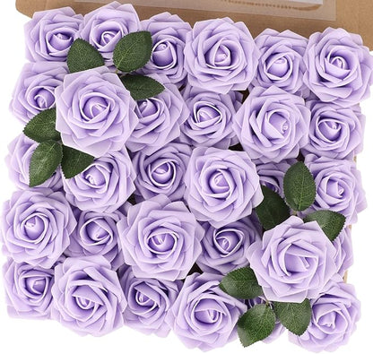 MACTING Artificial Lavender Flowers 30PCS Real Touch Fake Flowers with Stem Soft Foam Roses DIY Wedding Bouquet Boutonniere Table Centerpieces Party Spring Summer Home Decor