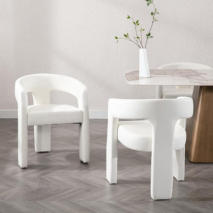 Modern Barrel Dining Chairs Set of 3, PU Leather Upholstered Accent Side Chair with Arms Comfy Makeup Vanity Chairs, Dining Living Room Kitchen Chairs, White