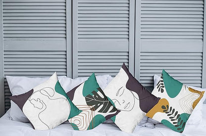 Ambesonne Minimal Throw Pillow Cushion Case Pack of 4, Modern Line Art Woman Portrait Contemporary Leafy Geometric Details, Modern Accent Double-Sided Digital Printing, 18", Teal Dark Purple Mustard