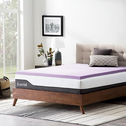 LUCID 2 Inch Lavender Infused Memory Foam Mattress Topper, King Size – Ventilated Design – Pressure Relieving Bed Topper - Mattress Pad – CertiPur Certified