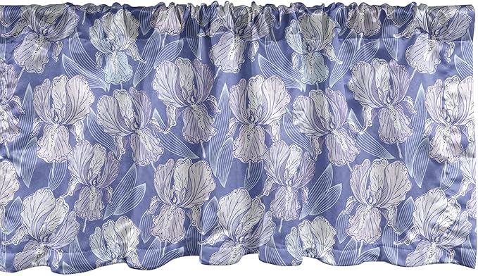 Lunarable Flower Window Valance Pack of 2, Blossomed Iris Flower Spring Garden Art, Rod Pocket Curtain Valances for Kitchen Bedroom, 54" X 12", Blue