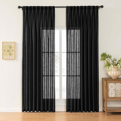 Black Linen Sheer Pinch Pleated Sliding Door Curtains, 2x50 Inches Width, Dark Moody Neutral Light Filtering Drapes 90 Inches Long, Textured Modern Farmhouse Window Curtain Panels