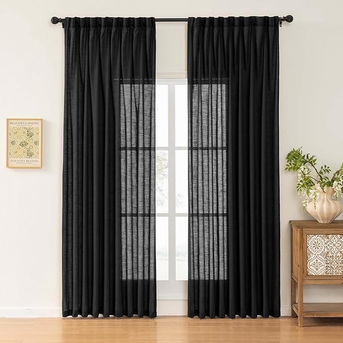 Black Linen Sheer Pinch Pleated Sliding Door Curtains, 2x50 Inches Width, Neutral Light Filtering Drapes 108 Inches Long, Textured Modern Farmhouse Floor to Ceiling Window Curtain Panels