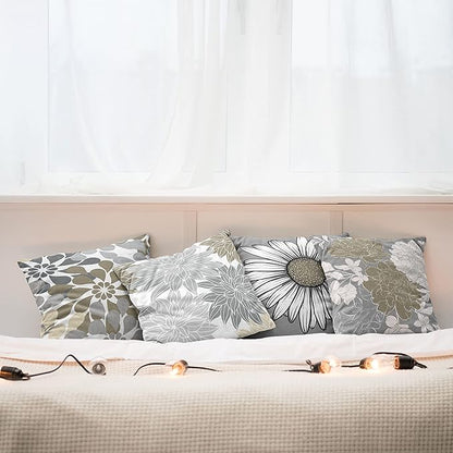 Ambesonne Floral Throw Pillow Cushion Case Pack of 4, Flower Petals Modern Color Palette Chamomile Peony Dahlia and Sunflower Print, Modern Accent Double-Sided Digital Printing, 20", Slate Brown Grey