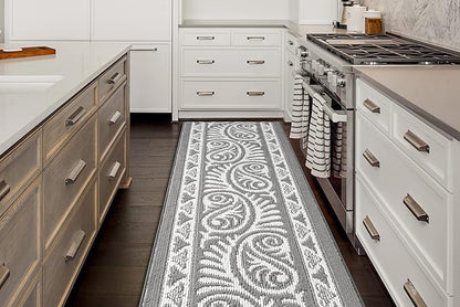Custom Length Cut to Size Tribal Ethnic Southwestern Inspired Hallway Runner Rug, Non Slip Rubber Backed, 31 inch Wide X Customized Length, Mayan Grey, 31 inch X 6 feet