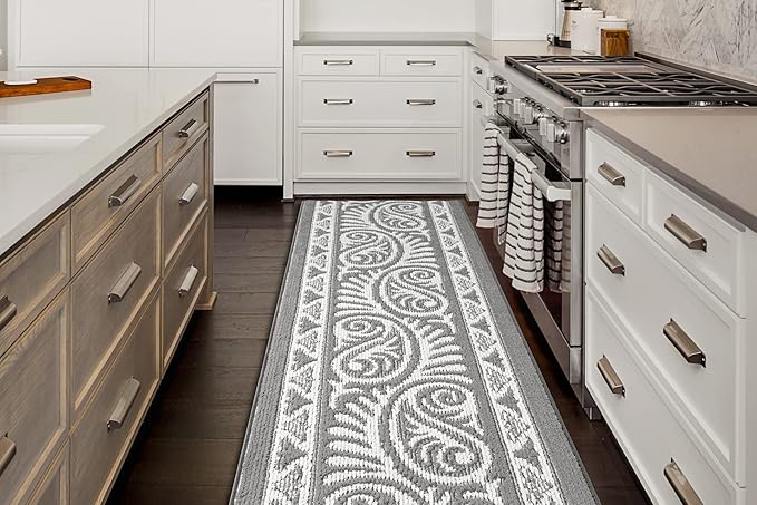 Custom Length Cut to Size Tribal Ethnic Southwestern Inspired Hallway Runner Rug, Non Slip Rubber Backed, 31 inch Wide X Customized Length, Mayan Grey, 31 inch X 12 feet