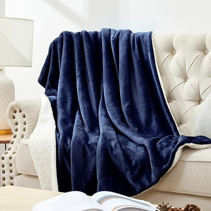 Walensee Sherpa Fleece Blanket (King Size 108”x90” Navy) Plush Throw Fuzzy Super Soft Reversible Microfiber Flannel Blankets for Couch, Bed, Sofa Ultra Luxurious Warm and Cozy for All Seasons