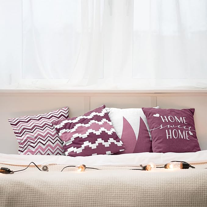 Ambesonne Modern Throw Pillow Cushion Case Pack of 4, Geometric Style Pattern of Triangles Zigzags Love Home Phrase Print, Modern Accent Double-Sided Digital Printing, 24", Dried Rose and Pale Pink