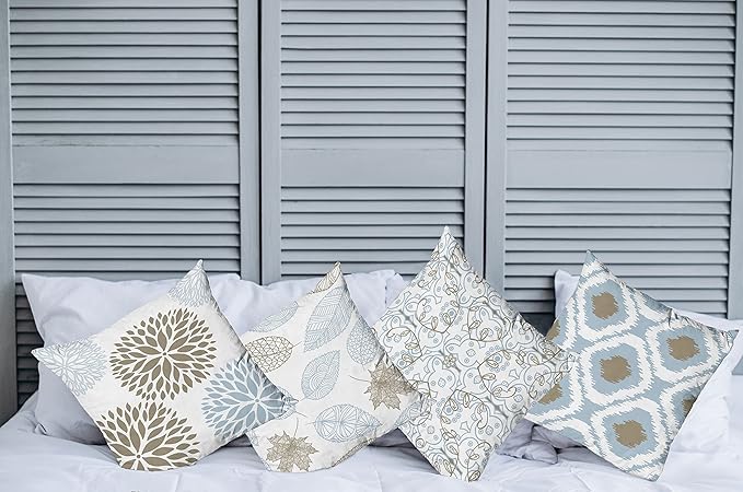 Ambesonne Vintage Throw Pillow Cushion Case Pack of 4, Bohemian Ornamental Leaves Dahlia Pattern Geometric Art Curlicue Motif, Modern Accent Double-Sided Digital Printing, 24", Blue Grey and Cocoa