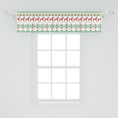 Ambesonne Folk Art Window Valance Pack of 2, Scandinavian Themed Pattern of Swedish Dala Horse and Flowers, Rod Pocket Curtain Valances for Kitchen Bedroom, 54" X 12", Green Vermilion